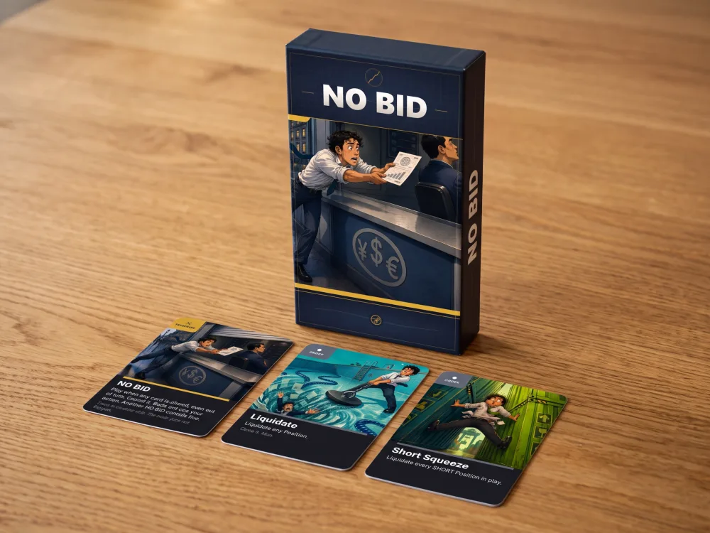 The No Bid box standing on a table with cards in front of it