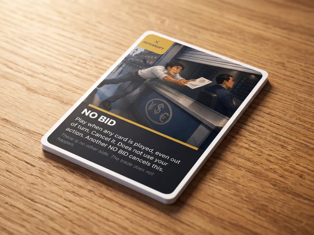 The No Bid card face up on a wooden table
