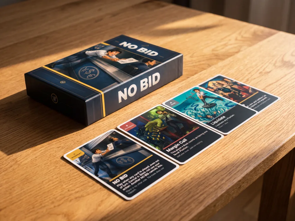The No Bid box on a table beside a spread of cards
